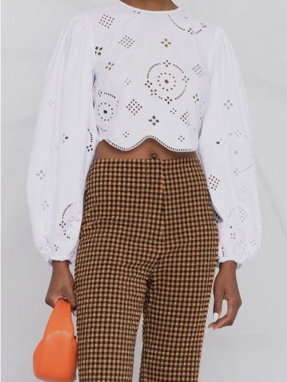 GANNI White Broderie Anglaise Cropped Puff Sleeve Blouse EU 42 / US 10